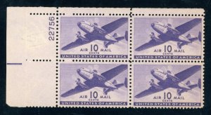 US Stamp #C27 Airplane 10c - Plate Block of 4 - MNH - CV $5.00