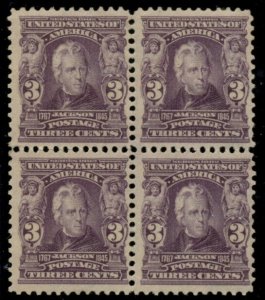 US #302, 3¢ Jackson, Block of 4, og, LH, VF, Scott $230.00