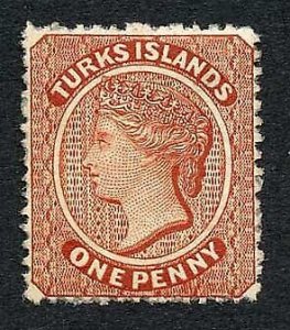 Turks and Caicos SG49 1d Brown-red wmk CC s/ways Cat 85 pounds