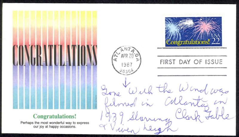 USA Sc# 2267 (Fleetwood) FDC (a) (Atlanta, GA) 1987 4.20 Congratulations