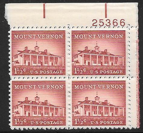 US #1032  1 1/2c Mount Vernon plate block of  (MNH) CV $1.00