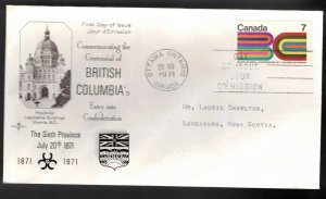 CANADA FDC Scott # 552 - British Columbia Centenary - Rose Craft Cachet