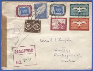 US 1952 United Nations 1st Issue on Registered Airmail Censored cover to Austria