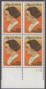 1985 Abigail Adams Plate Block of 4 22c Postage Stamps, Sc# 2146, MNH, OG