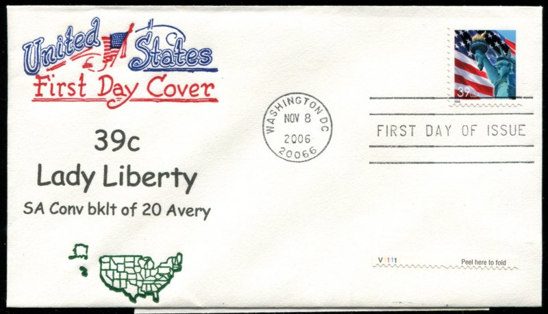 3985b US 39c Lady Liberty SA bklt sgl FDC,  Artopages cachet perf 11.1