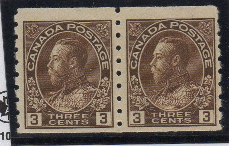 Canada Sc 129 1918 3 c brown G V Admiral stamp coil pair mint