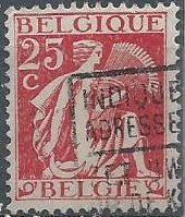 Belgium 249 (used) 25c gleaner, deep red (1932)