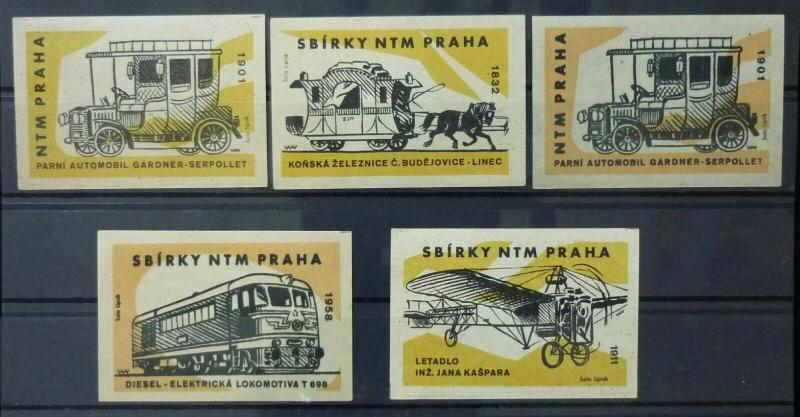 Match Box Labels ! industry science car cars train horse plain prague GN32