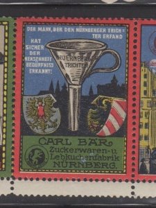 Strip of 4 German Advertising Stamps- Carl Bar Sugar & Gingerbread, Nürnberg MNH