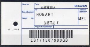 GB / AUSTRALIA, 1994 AIR MAIL Bag Label, MANCHESTER to HOBART, (30/03/94). `90GB