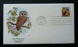 USA US Saw-Whet Owl (Smallest Owls) 1988 Birds Fauna Animal Prey (FDC) *perfect