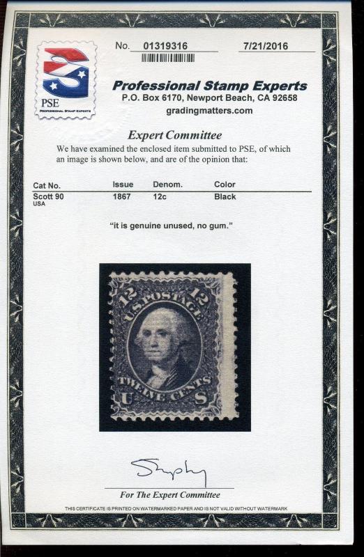 Scott #90 Washington E-Grill Unused Stamp with PSE Cert (Stock #90-m1)