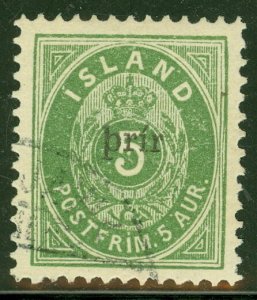 ICELAND #33 (37)  Prir (large) Ovpt, p.13, used, VF Scott $750.00