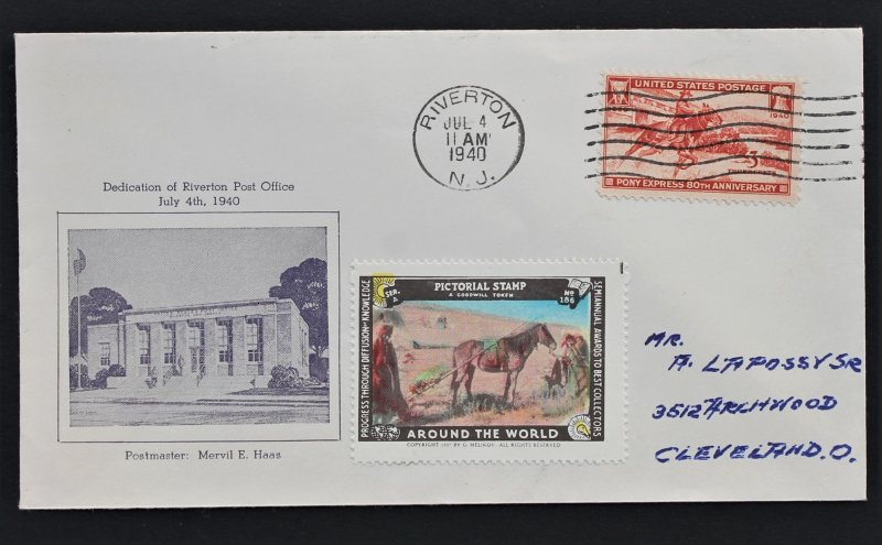 US #894 Postal History Cover Post Office Dedication Riverton July 4, 1940