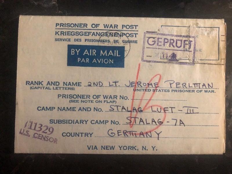 1944 Washington D Usa To Germany POW Camp Cover Luft Stalag 3 Prisoner J Perlman