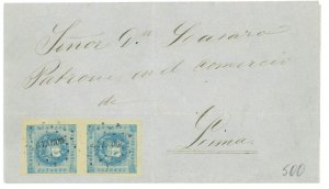 P2886 - PERU YVERT NO. 6 IN VERTICAL PAIR, FROM AYACUCHO TO LIMA, 1860 SUPERB-