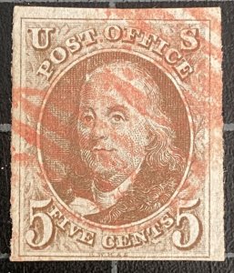 US Stamps - SC# 1 - Used  - 4 Margins - Red Grid Cancel - Premium - SCV = $825