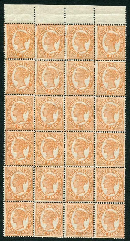 Queensland SG228 1d Orange-red Block of 24 U/M (some perf separation)