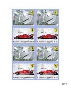 St. Vincent 2010 - SC# 3695 Ferrari, Cars, Racing, Auto - Sheet of 8 Stamps MNH