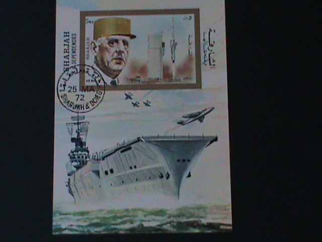 ​SHARJAH-1972- FAMOUS WAR SHIP OF FRANCE  CTO IMPERF-S/S FANCY CANCEL VF