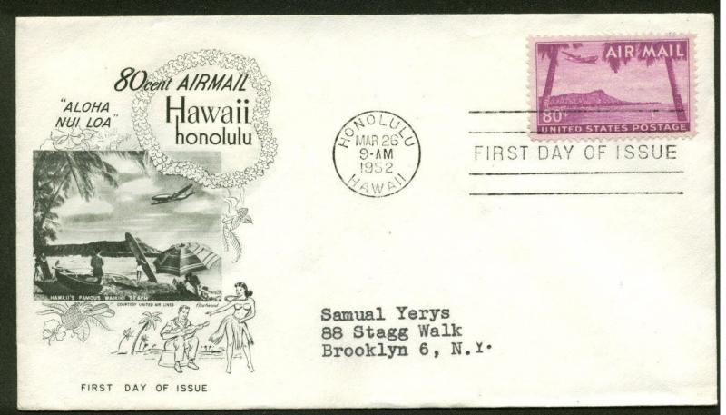 C46 80c HAWAII FDC HONOLULU, HI 3/26/52 FLEETWOOD CACHET 