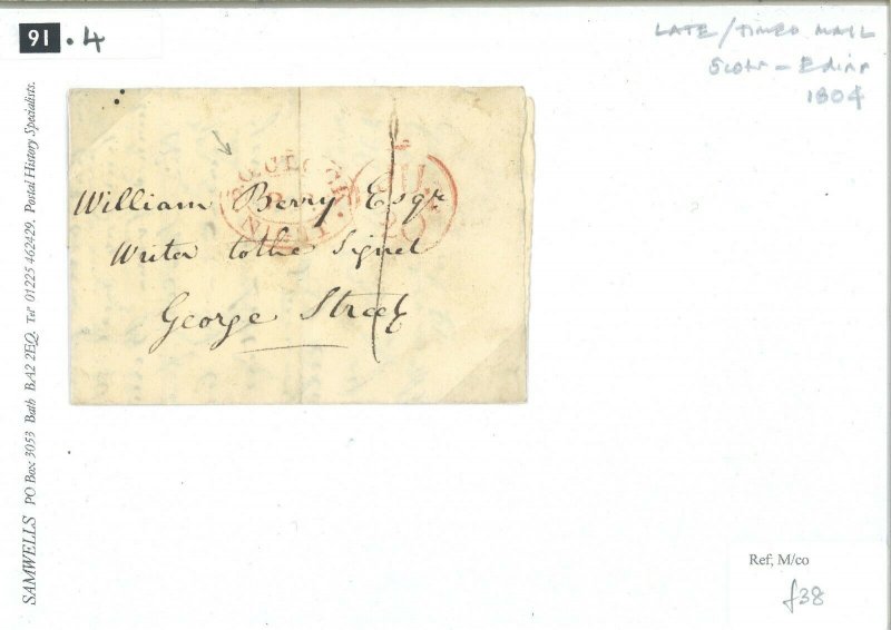 GB SCOTLAND Cover Edinburgh EARLY 1804 Timed Late Mail *5 O'CLOCK NIGHT*  91.4