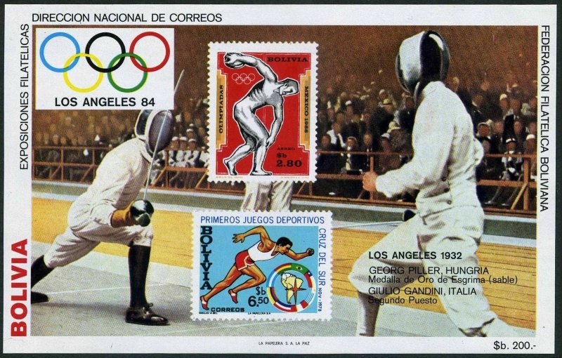 Bolivia C301 note 2 sheet.Mi Bl.135,MNH. Olympics Los Angeles-1984.Fencing. 