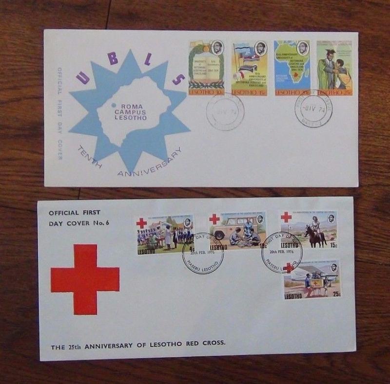 Lesotho FDC x 10 1973 1976 Red Cross Instruments UPU Bridges Food Siege Youth 