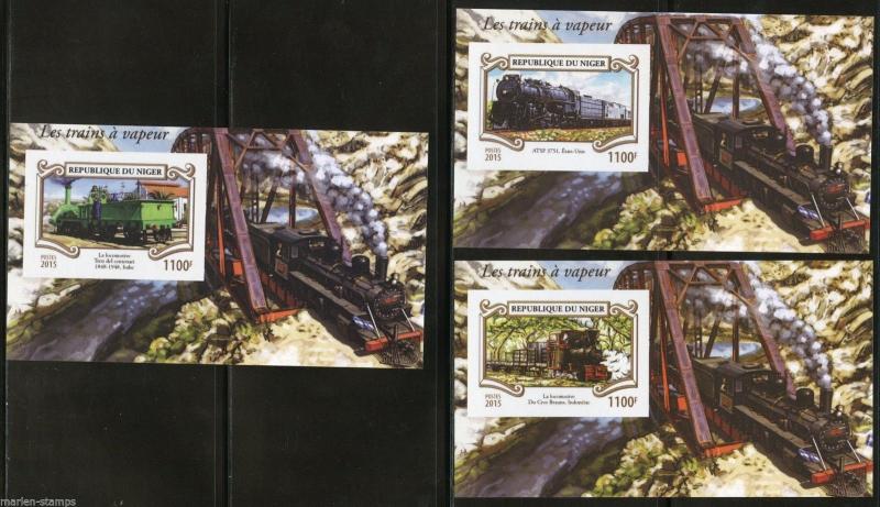 NIGER 2015 STEAM  TRAINS  SET OF THREE DELUXE S/S IMPERF MINT NH