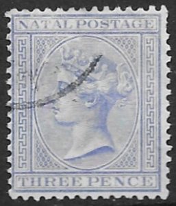 Natal 68  1884  three pence  fine used (  short perf top rt )