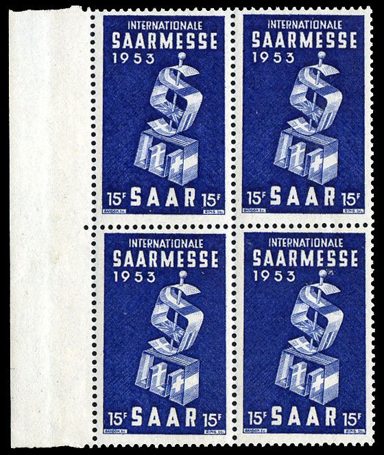 Saar #246 (Mi. 341) Cat€10.50, 1953 Saar Fair, right sheet margin block of ...