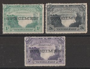 RHODESIA : 1905 Victoria Falls 1/-, 2/6 & 5/-, SPECIMEN.