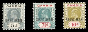 Gambia #50/56S (SG 63-66s) Cat£75, 1904-6 Edward, 5p, 7 1/2p and 10p, overpr...