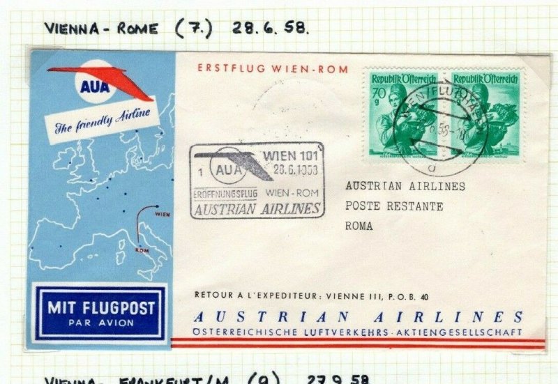 AUSTRIA FIRST FIGHT COVERS{2}Vienna Rome/Frankfurt AUSTRIAN AIRLINES 1958 EP590