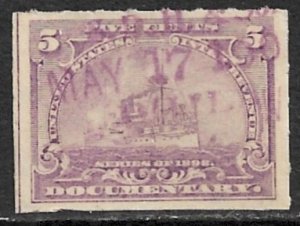 US REVENUES 1898 5c Lilac BATTLESHIP Documentary Sc R167 Roul 5 1/2 Used