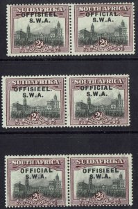 SOUTH WEST AFRICA 1929 OFFICIAL 2D PAIRS ALL 3 MISSING STOP VARIETY TYPES 