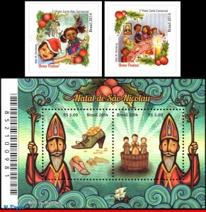 3288-90 BRAZIL 2014 CHRISTMAS, RELIGION, ST. NICHOLAS, GIFTS, S/S and SET MNH