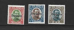 ICELAND - 1931 AIR POST ZEPPELIN OVERPRINTS - SCOTT C9 TO C11 - MNH