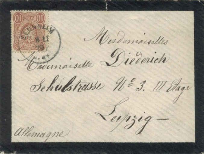 Germany 10pf Imperial Eagle Pfennige 1879 Sennheim to Leipzig.  Mourning Cove...