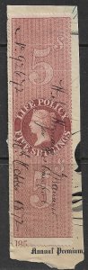 GREAT BRITAIN 1872 QV 5sh FULL PERF. Sheet No LIFE POLICY REVENUE on Piece VFU