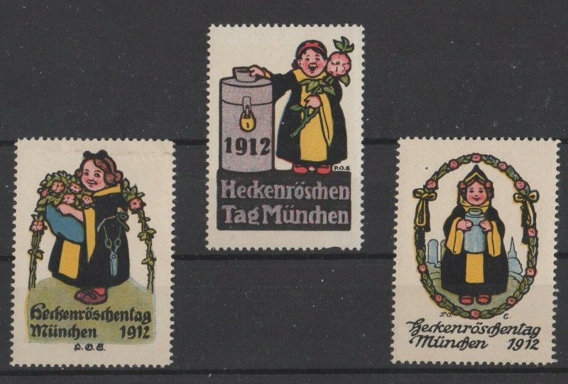 Germany Lot of 3 Rose Hedges Fair Poster Stamps Munich 1912, 1-NG, 2-MNH