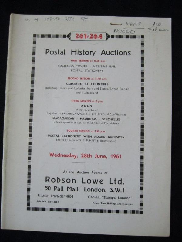 R L POSTAL HISTORY AUCTION CATALOGUE 1961 with CAMPAIGN MARITIME STATIONERY ETC