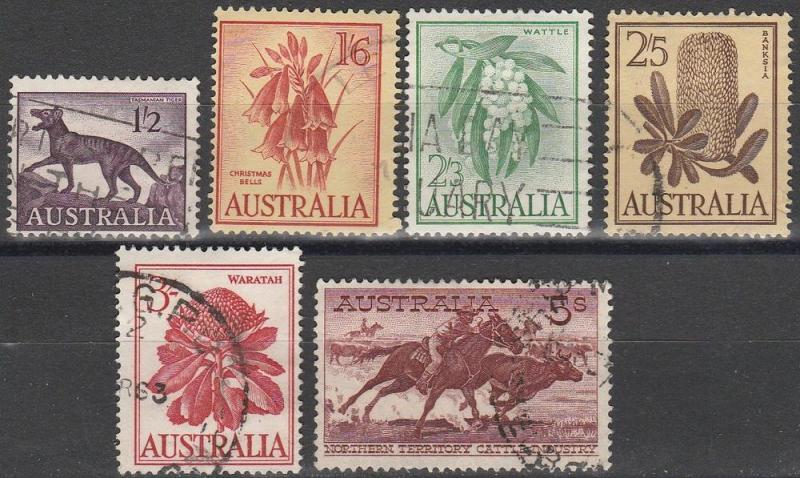 Australia #325-6, 328A-31 F-VF Used CV $7.80 (D238)