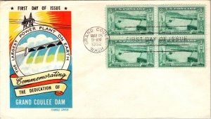 FDC 1952 SC #1009 Fluegel Cachet - Grand Coluee Dam - Block Of 4 - F69489