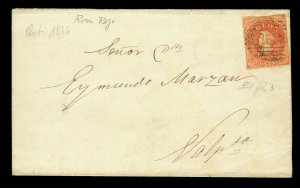 CHILE 1865 COLUMBUS - Santiago(last) print - 5c rose red Sc# 14 used XF on cover