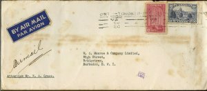 Commercial 6 x rate 10c per 1/4oz airmail BARBADOS BWI Rec'r, cover Canada