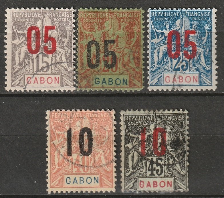 Gabon 1912 Sc 74-6,78-9 partial set used