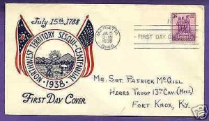837  NORTHWEST TERR. 3c 1938, PLIMPTON FIRST DAY COVER...