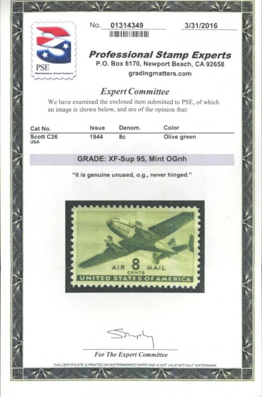 U.S. #C26 MINT WITH PSE CERT OG NH GRADED XF-SUP 95