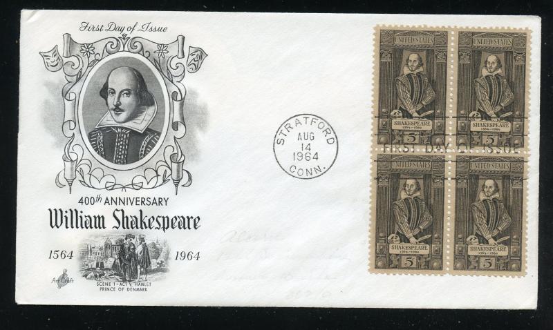 US 1250 Shakespeare Issue  Blk ADDR ArtCraft cachet FDC 